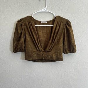 ZARA Olive Textured V-Neck Puff Sleeve Crop Blouse